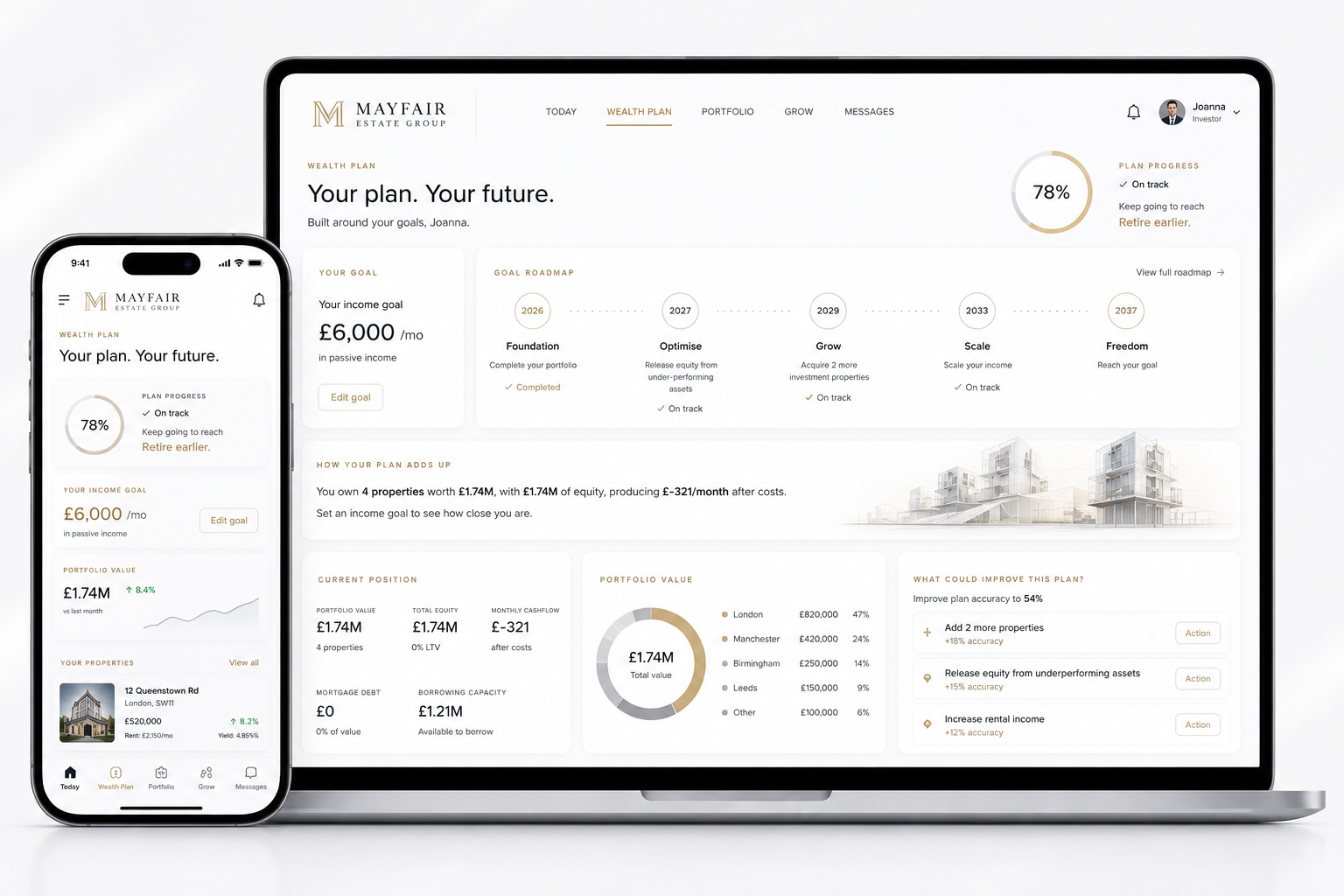 Your agency's branded wealth platform on mobile and desktop